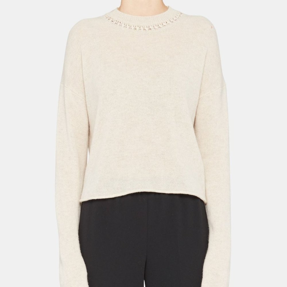 Theory Ecru Melange Beige Cashmere Ribbon-Trim Cropped Sweater NWT Size M
